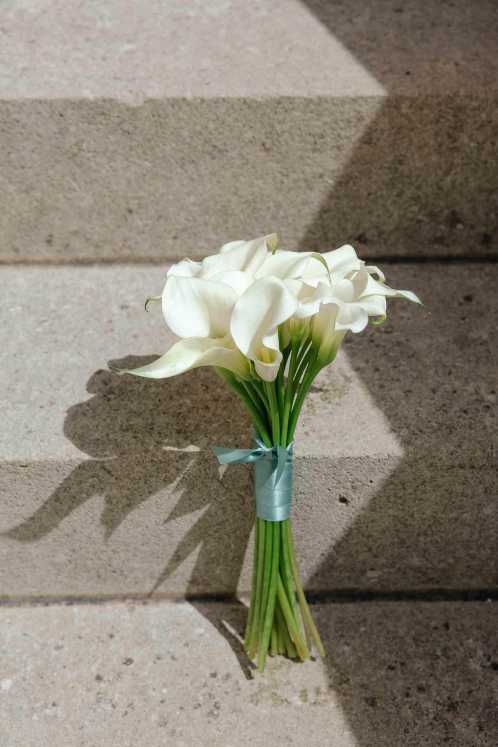 Bouquet de callas blancs marié, lié par un ruban bleu, jetant une ombre forte sur l'escalier en pierre texturée.