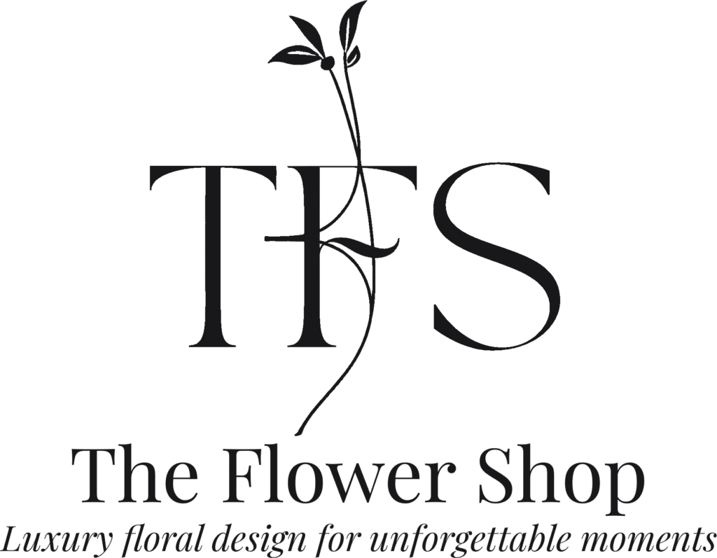 Logo TFS The Flower Shop aux motifs végétaux. Slogan : Luxury floral design for unforgettable moments.