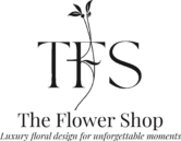 Logo TFS The Flower Shop aux motifs végétaux. Slogan : Luxury floral design for unforgettable moments.